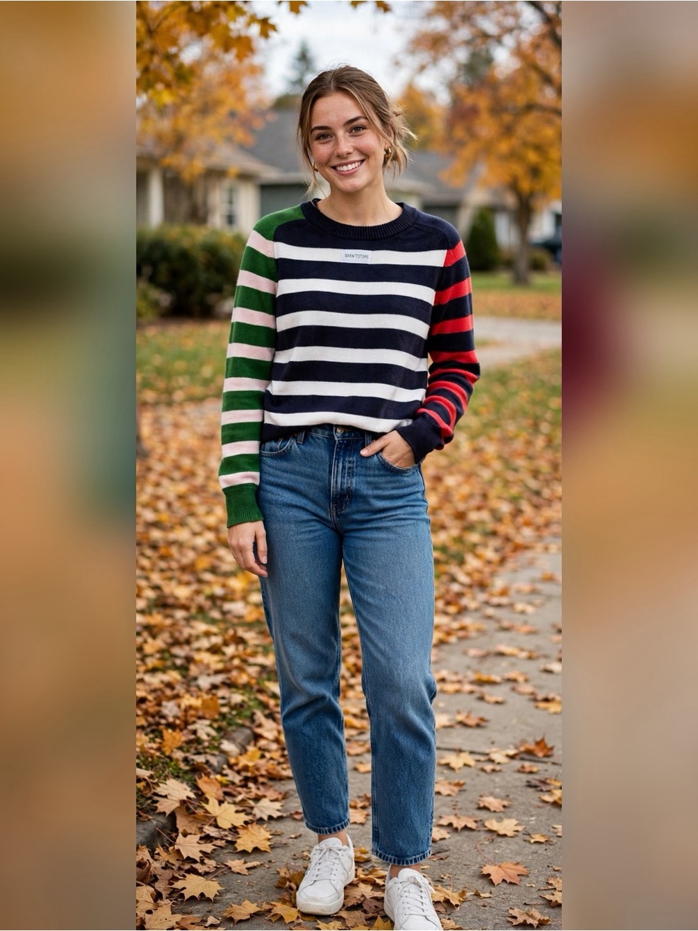 MISMATCHED Sleeve Striped Sweater Navy White Colorblock Red Green Pink Crewneck